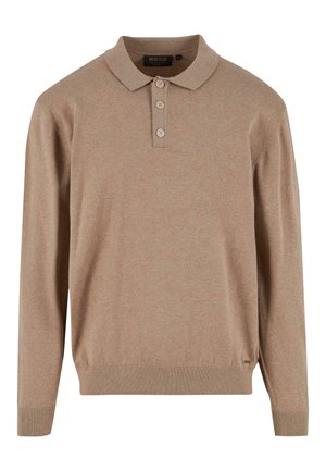 Pull polo à manches longues de couleur marron clair avec trois boutons, des poignets et un ourlet côtelés, fabriqué en tissu tricoté doux.
