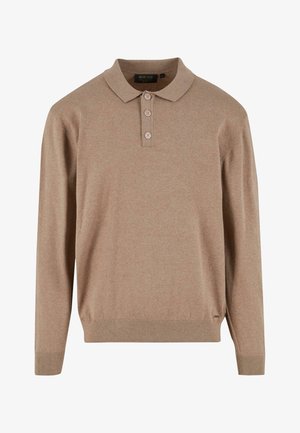 Pull polo à manches longues de couleur marron clair avec trois boutons, des poignets et un ourlet côtelés, fabriqué en tissu tricoté doux.