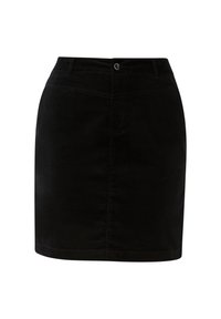 Jupe noire longueur genou avec passants de ceinture, bouton sur le devant et détails de coutures, présentée sur un fond blanc uni.