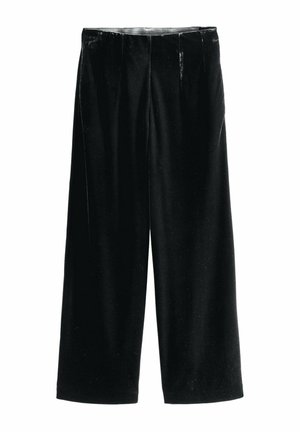 Black velvet wide-leg trousers with a smooth texture, featuring front pleats and an elastic waistband, suitable for casual or formal wear.