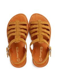 Sandales en daim beige avec plusieurs lanières à l'avant, une sangle à la cheville ajustable et des détails en couture sur la semelle. Design décontracté à bout ouvert.