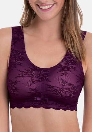 Paarse kant bralette met geschulpte randen, bloemenpatroon en een satijnen strikdetail middenvoor. Gladde, rekbare stof.