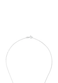 Delikat silverkedja med ett litet runt fjädrarspänne på en vit bakgrund.