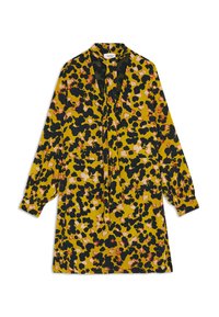 Pitkähihainen mekko keltaisesta kankaasta, jossa on musta- ja vaaleanpunakukkakuvio. Varustettu kauluksella ja solmukoristeella kaula-aukossa.