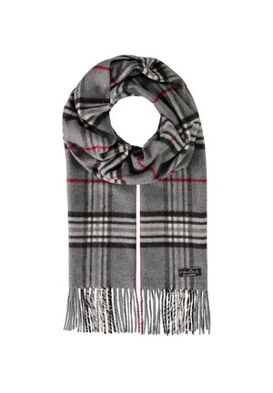 Grey plaid scarf with black, white, and red stripes, finished with fringed ends and a small brand label near the bottom edge.