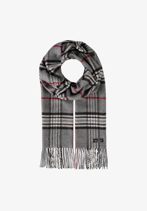 Écharpe à carreaux grise avec des rayures noires, blanches et rouges, finie avec des extrémités frangées et une petite étiquette de marque près du bord inférieur.