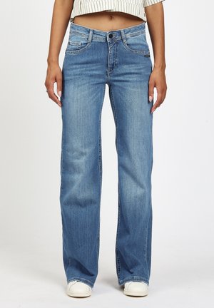 Light blue denim jeans with a wide leg design, five pockets, distressed detailing, and a button-fly closure. Smooth texture.