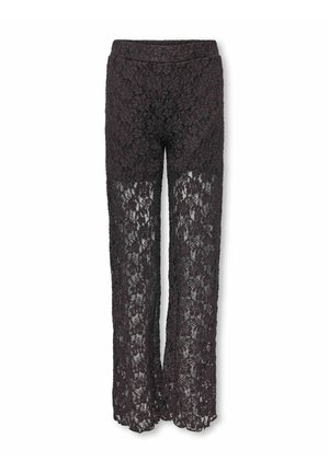 Pantalon en dentelle noire avec motif floral, taille haute, semi-transparent à partir du milieu de la cuisse vers le bas, coupe droite.