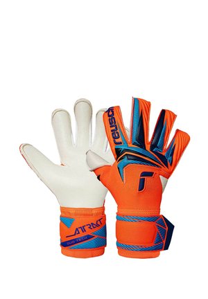 Pair of orange and blue goalkeeper gloves with white palms, featuring "REUSCH" branding and adjustable wrist straps.