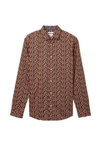 Langarmshirt met een veelkleurig geometrisch patroon op een bruine achtergrond. Voorzien van een button-down kraag en knopen aan de voorkant.
