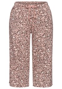 Leopard print capri pants in soft pink fabric, featuring an elastic waistband with a drawstring and loose fit for comfort.