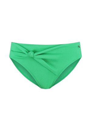 Groen gestructureerd bikinibroekje met een knoopdetail aan de voorkant en een klein metalen logo aan de rechterkant.