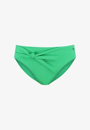 Bas de bikini texturé vert avec un nœud à l'avant et un petit logo en métal sur le côté droit.