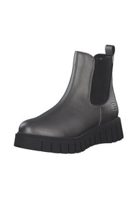 Stivaletti Chelsea neri in pelle con pannelli laterali elasticizzati, dotati di una suola platform nera spessa e di una finitura liscia e opaca.