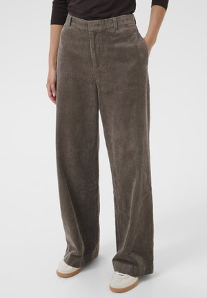 Brown corduroy wide-leg trousers with vertical stripes, featuring a high waistband and front pockets, paired with light-colored sneakers.