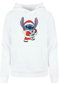 Felpa bianca con cappuccio caratterizzata da una grafica di un personaggio di cartone blu in un outfit da Babbo Natale che tiene un piccolo peluche.