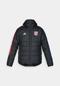 Svart pufferjakke med hette, med røde og blå sidestriper, quiltet tekstur, gull adidas-logo og Olympique Lyonnais-merke.