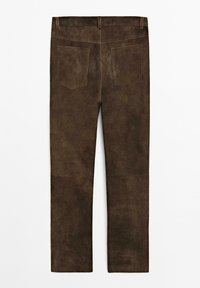 Brown suede straight-leg pants with back pockets and belt loops, shown from the rear on a white background.