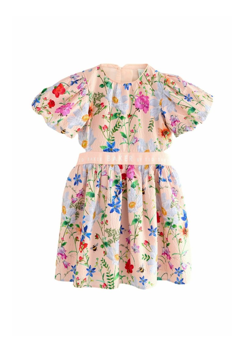 Robe à manches courtes pour filles avec manches bouffantes, imprimé floral multicolore sur tissu rose clair et une ceinture marquée.