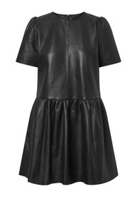Musta nahkamekko lyhyiden puffihiuspuisten hihojen, pyöreän pääntien ja laskostetun hameen kanssa. Sileä tekstuuri ja piilotettu takavetoketju.