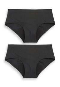 Musta puuvillainen korkeavyötäröinen alushousu, jossa on sileä vyötärönauha ja saumatonta sivua. Kaksi kappaletta pinottuna.