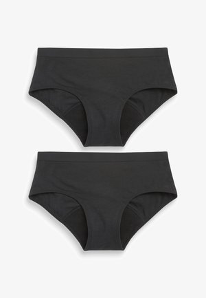 Sous-vêtements en coton noir, de style brief, à taille haute, avec une ceinture lisse et des côtés sans couture. Deux pièces présentées empilées.