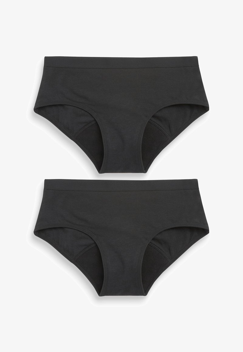Chiloți din bumbac negru, cu un design înalt, având o bandă de talie netedă și laturi fără cusături. Două piese prezentate suprapuse.