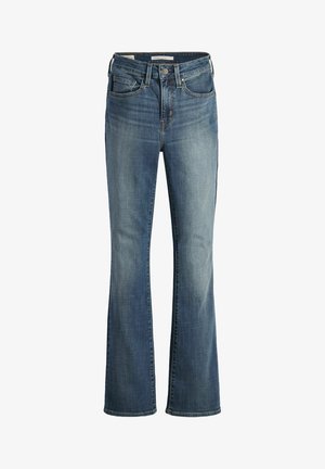 Jeans in denim blu flared con vita media, tasche frontali e dettagli sbiaditi. Il tessuto ha una texture liscia con sottili accenti di cucitura.