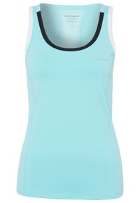 Jasnoniebieski sportowy top bez rękawów wykonany z gładkiego materiału, z okrągłym dekoltem, czarno-białymi akcentami na ramiączkach i dopasowanym krojem.