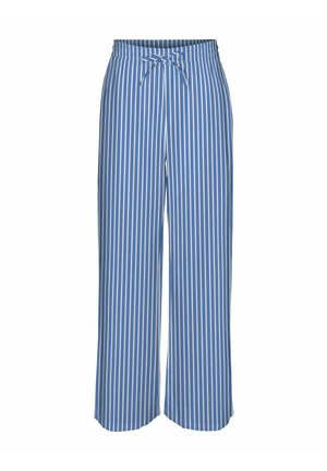 Zilā un baltā svītru platajām biksēm ar auklas jostu, izgatavotām no viegla auduma, ar vertikālajām svītrām un brīvu piegriezumu.