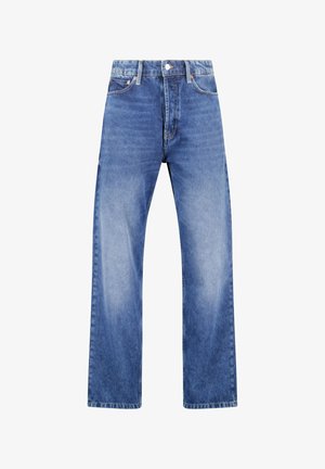 Jean en denim bleu avec une coupe droite, présentant une fermeture à bouton, cinq poches et un léger délavage pour la texture.