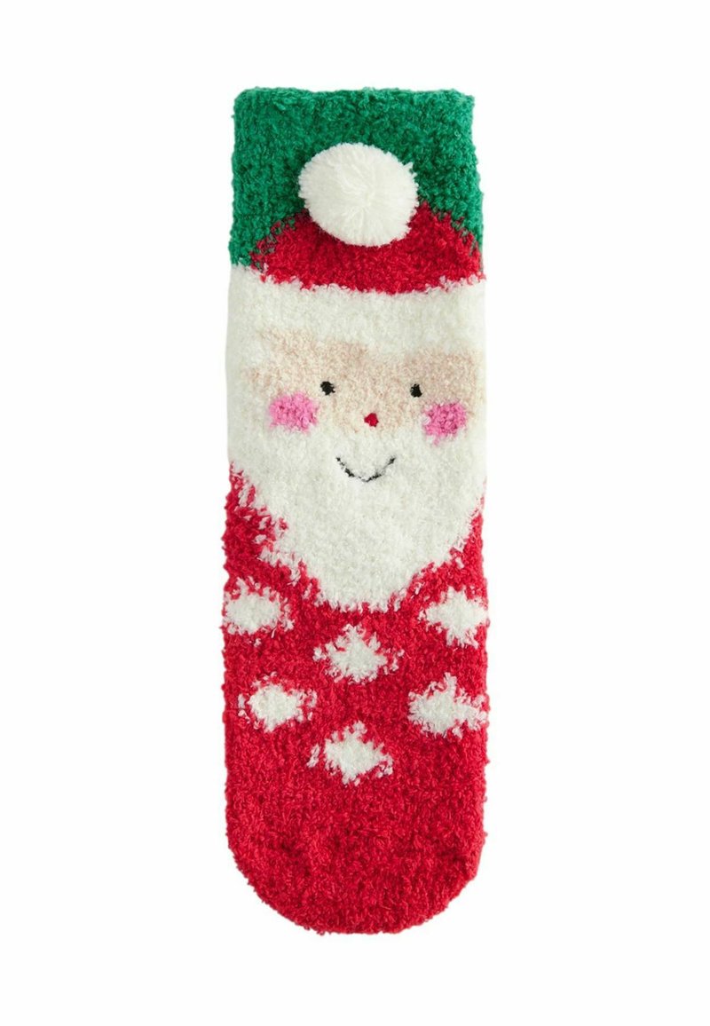Röda och vita fluffiga strumpor med ett tomteansikte, grön topp med pom-pom och vita mönster. Mjuk textur, design med jultema.