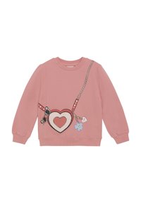 Roze sweatshirt met een hartontwerp met een ketting, zonnebril en charme-accenten. Geribbelde manchetten en halslijn met een zachte textuur.