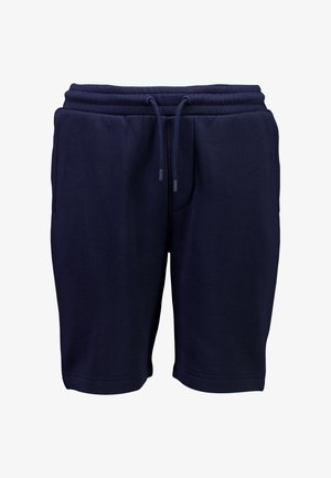 Pantaloncini in misto cotone blu navy con fascia elastica in vita, chiusura con coulisse e tasche laterali; trama liscia con cuciture rinforzate.
