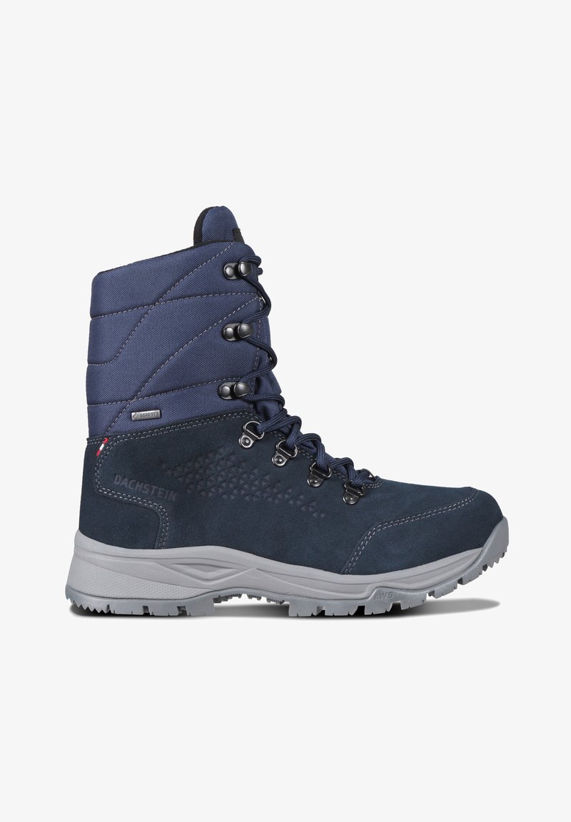 Navy suede and textile hiking boot with a padded upper, metal eyelets, gray rubber sole, and textured accents for traction.