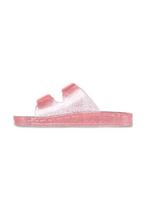 Rosa glitzernde Slide-Sandalen mit zwei verstellbaren Riemen, aus transparentem Material, flache Sohle, glatte Textur und feste Form.