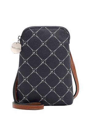 Petit sac bandoulière noir avec motif losange à points blancs, sangle marron et tirette de fermeture éclair circulaire argentée gravée du nom de la marque.