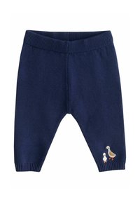 Pantalons tricotés bleus navy avec une taille côtelée et des canards brodés en bas à droite. Texture douce avec des jambes fuselées.