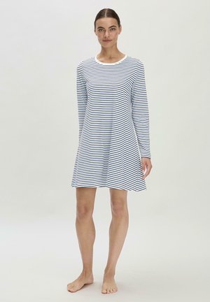 Abito a maniche lunghe a righe in cotone navy e bianco, con scollatura rotonda e silhouette a linea A, che arriva sopra il ginocchio.