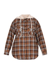 Brązowa i szara koszula w kratę z długimi rękawami, zapinana na guziki, z dwiema kieszeniami na piersiach i kremowym kapturem. Charakteryzuje się luźnym krojem.