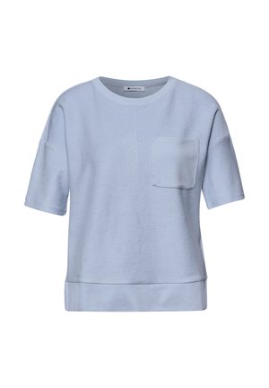Chemise bleu clair à manches courtes avec col rond et poche poitrine, dotée d'un ourlet droit et d'une coupe décontractée.