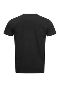 Sort bomulds T-shirt, korte ærmer, rund halsudskæring, glat tekstur, ensartet design, ingen synlige logoer eller mønstre, vist fra bagsiden.