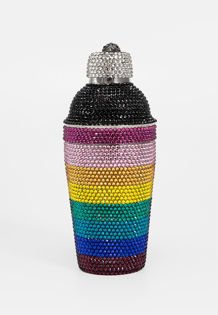 El coctelero de rhinestone presenta un degradado de colores vibrantes: negro, púrpura, rosa, naranja, amarillo, verde, azul y marrón. Tapa plateada.
