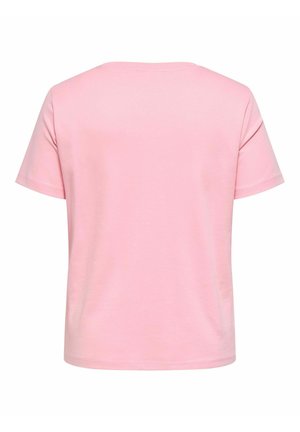 Lyserød bomulds-T-shirt med korte ærmer og rund halsudskæring. Glat tekstur, enkelt design og uden mønstre eller bemærkelsesværdige detaljer.