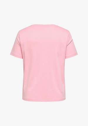 Lyserød bomulds-T-shirt med korte ærmer og rund halsudskæring. Glat tekstur, enkelt design og uden mønstre eller bemærkelsesværdige detaljer.