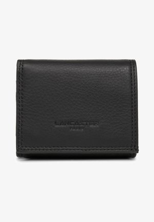 Portefeuille en cuir noir avec une surface texturée, arborant le logo en relief "LANCASTER PARIS" et des coutures visibles le long des bords. Design plié.