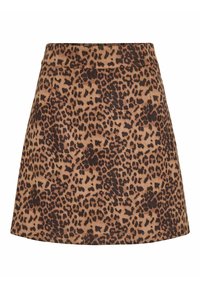 Leopardprint rok vervaardigd uit zachte stof, met een aansluitende tailleband, uitlopende A-lijnvorm en een gestructureerd oppervlak met zwarte en bruine vlekken.