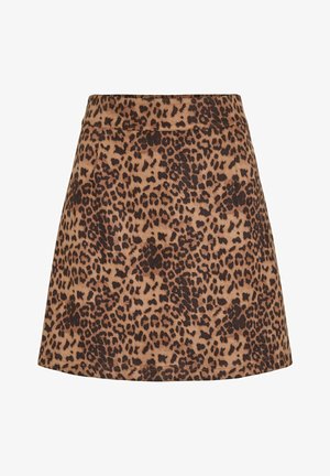 Jupe en tissu doux à imprimé léopard, dotée d'une taille ajustée, d'une forme évasée en A et d'une surface texturée avec des taches noires et marron.