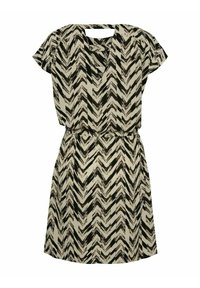 Sukienka w czarno-beżowy wzór zygzaka z krótkimi rękawami, dekoltem w kształcie litery V i elastyczną talią, oferująca luźny krój.