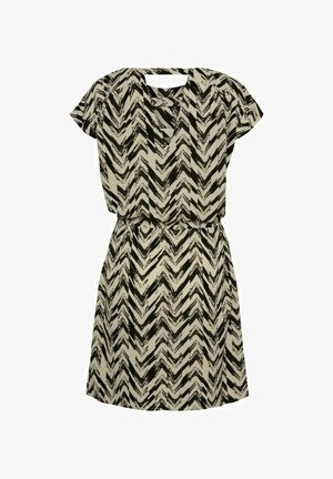 Musta ja kerma chevron-kuvioinen mekko, jossa on lyhyet hihat, V-pääntie ja joustava vyötärö, ja se on muotoiltu rentona.